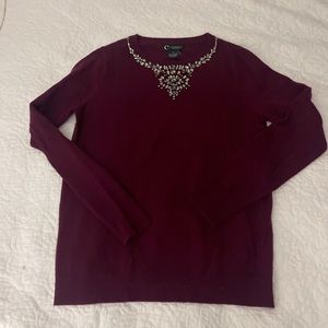 NWOT - C for Bloomingdale’s Burgundy Cashmere Sweater with Rhinestones. Size S.
